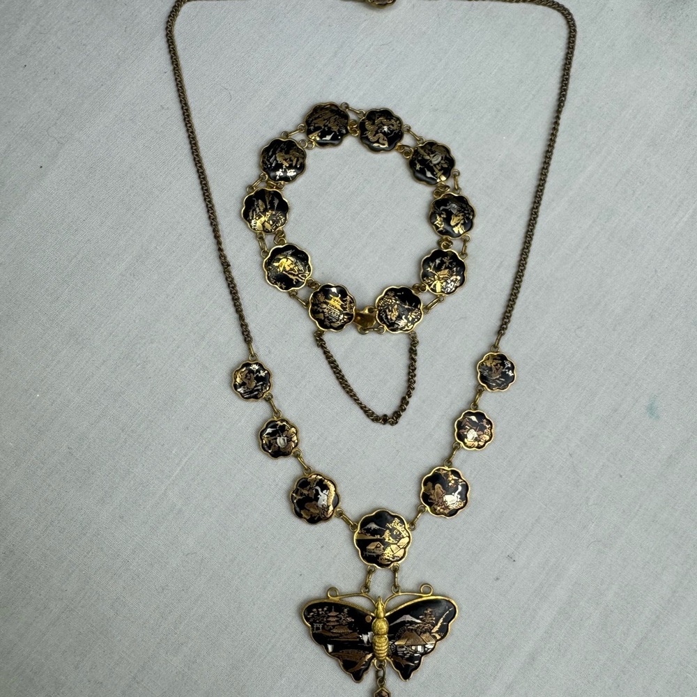 Vintage Art Deco Japan brass toned Damascean butterfly necklace & bracelet